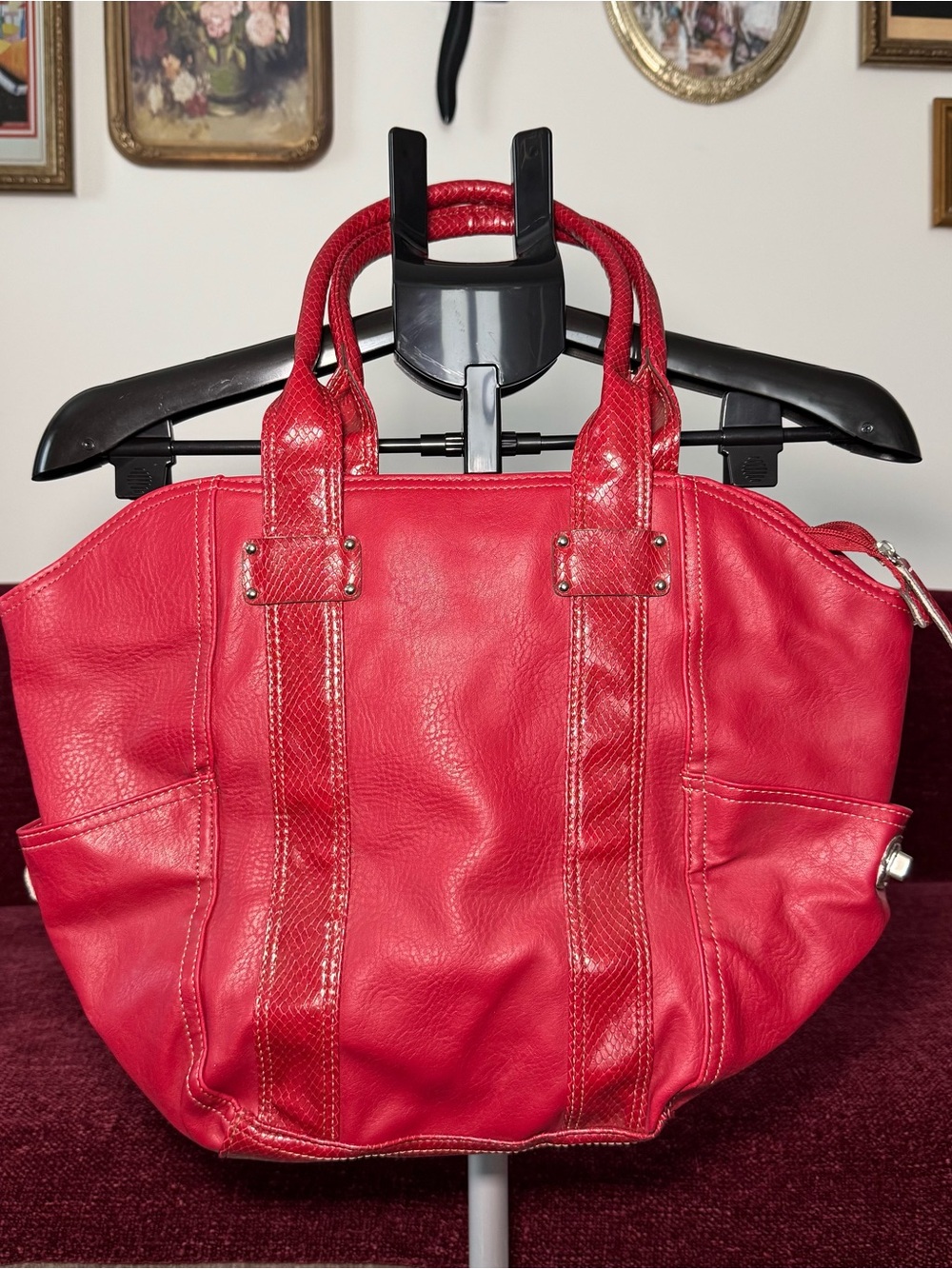 Red Leather Tote Bag with Snake Skin Double Handles and Purple Interior